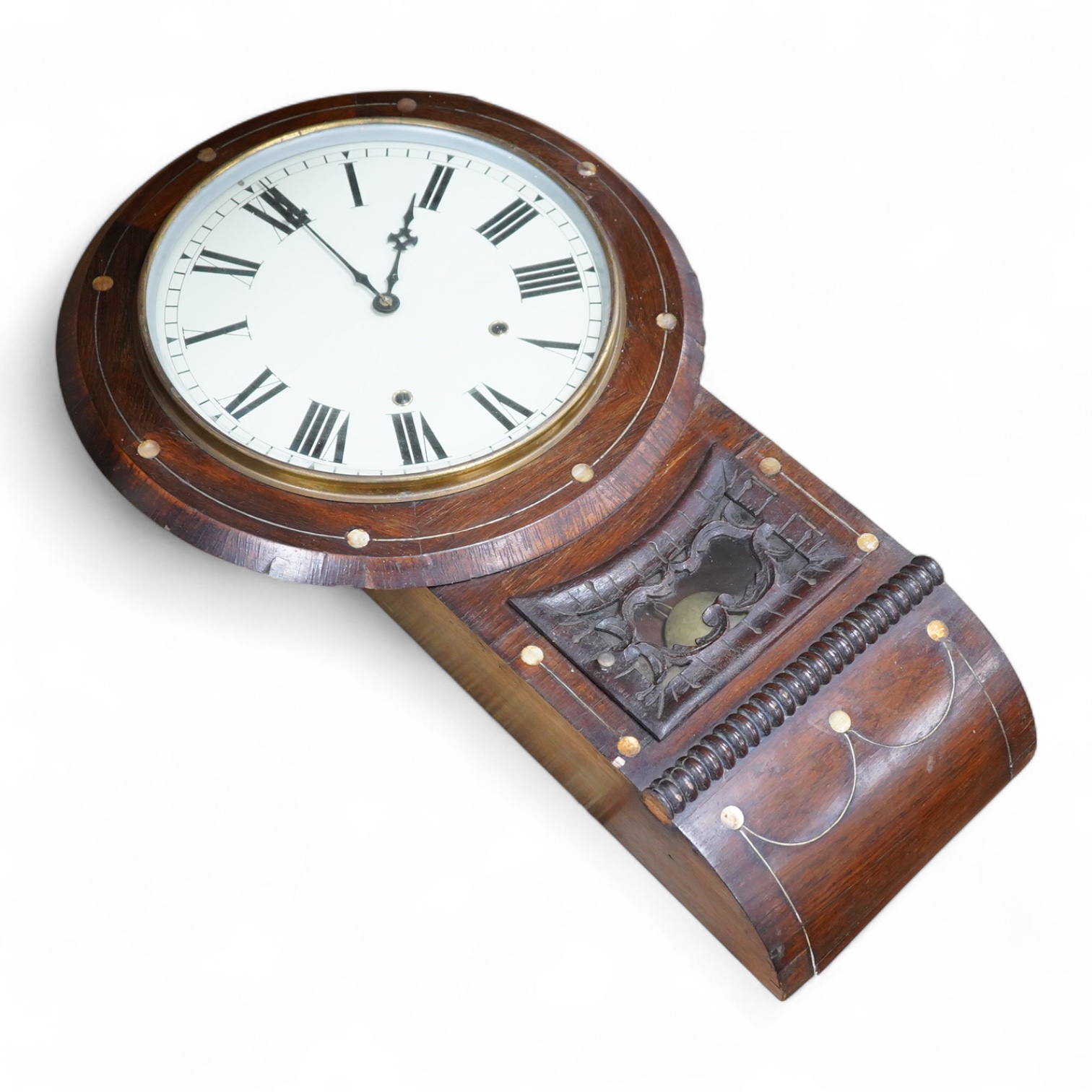 A late 19th century mahogany wall clock with mother of pearl inlaid discs, with pendulum and key, 67cm high